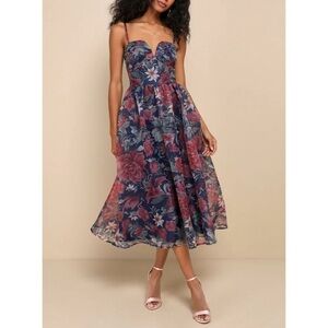Lulus Cherished Aura Floral Organza Bustier Midi Dress Navy Blue Size M NWT